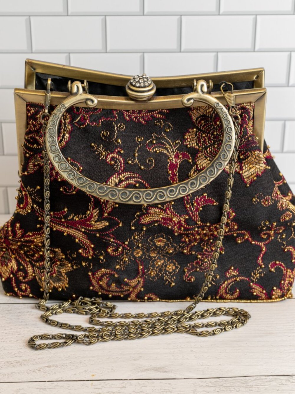 Vintage Brocade Evening Bag Ornate Metal Frame Gothic Glam Purse